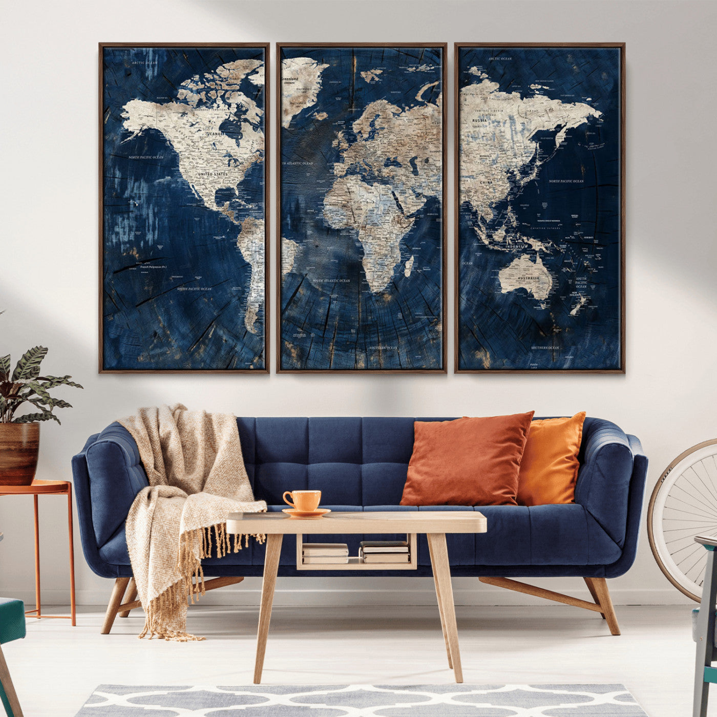 83103453-MGV-CV-36X24-Rustic Blue World Map Wall Art – Vintage Style Travel Decor – Large Canvas Map with Wood Texture Background for Office, Study, or