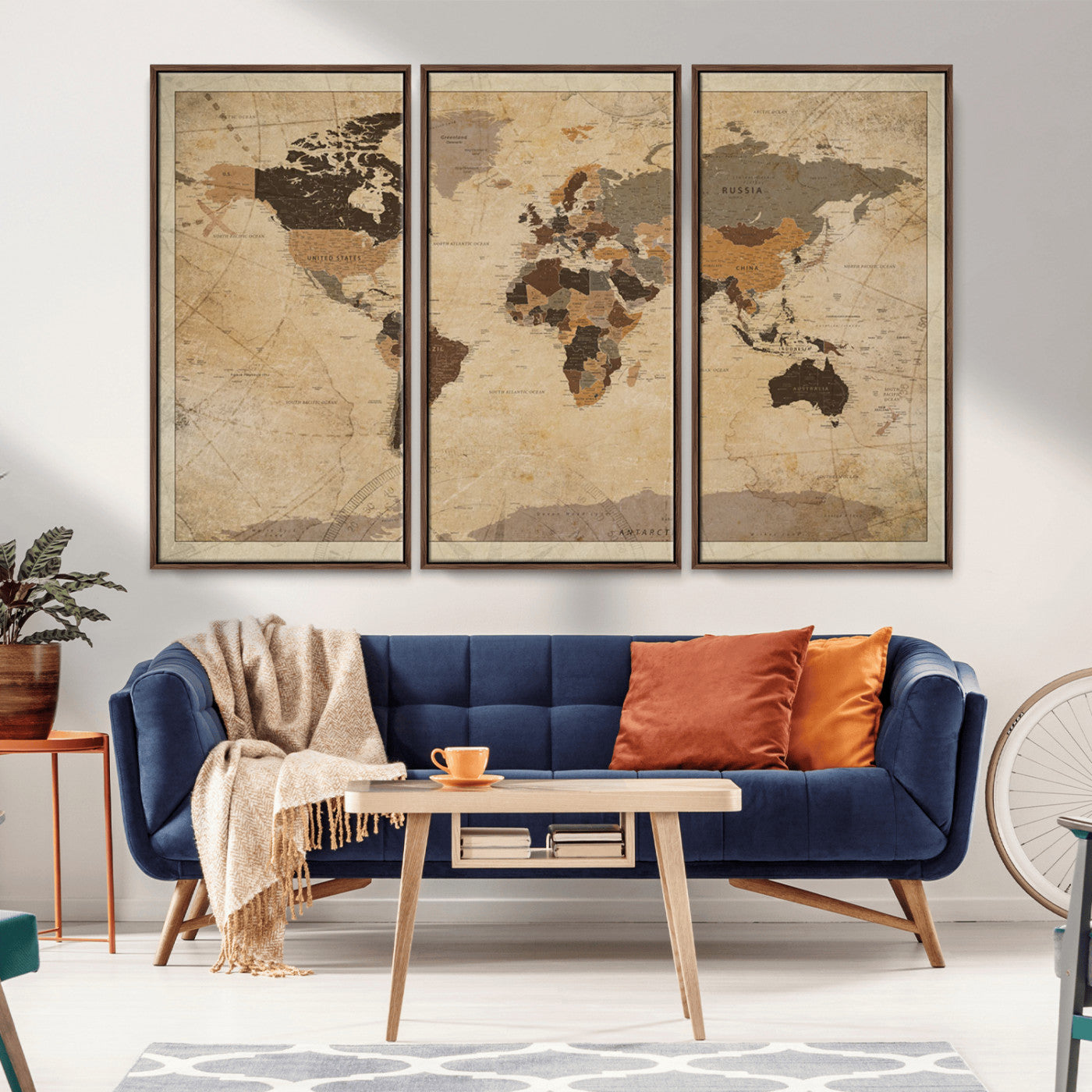 56103352-MGV-CV-36X24-Vintage Sepia World Map Wall Art – Antique Style Explorer Atlas – Rustic Brown and Tan Canvas for Study, Office, Living Room, or