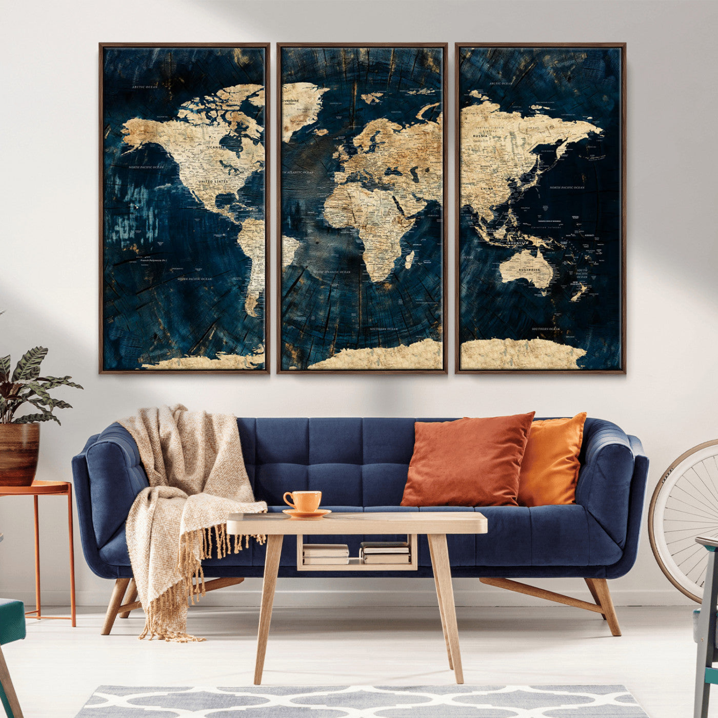 41767444-MGV-CV-36X24-Rustic Navy Blue and Gold World Map Wall Art – Vintage Explorer Atlas on Distressed Canvas – Bold Statement Decor for Office or