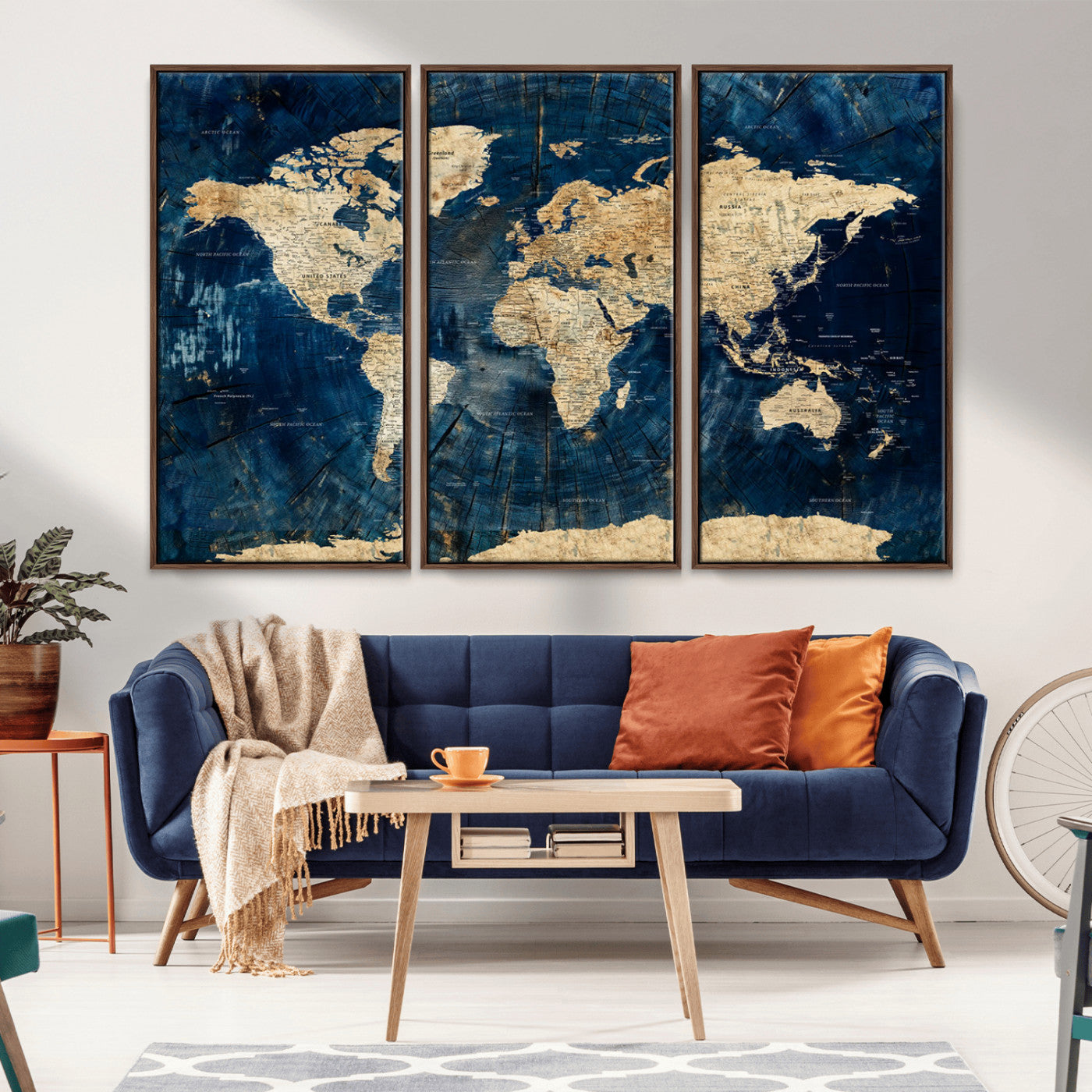 73616895-MGV-CV-36X24-Navy Blue and Gold World Map Wall Art – Rustic Explorer Atlas Distressed Canvas – Vintage Inspired Statement Decor for Home or