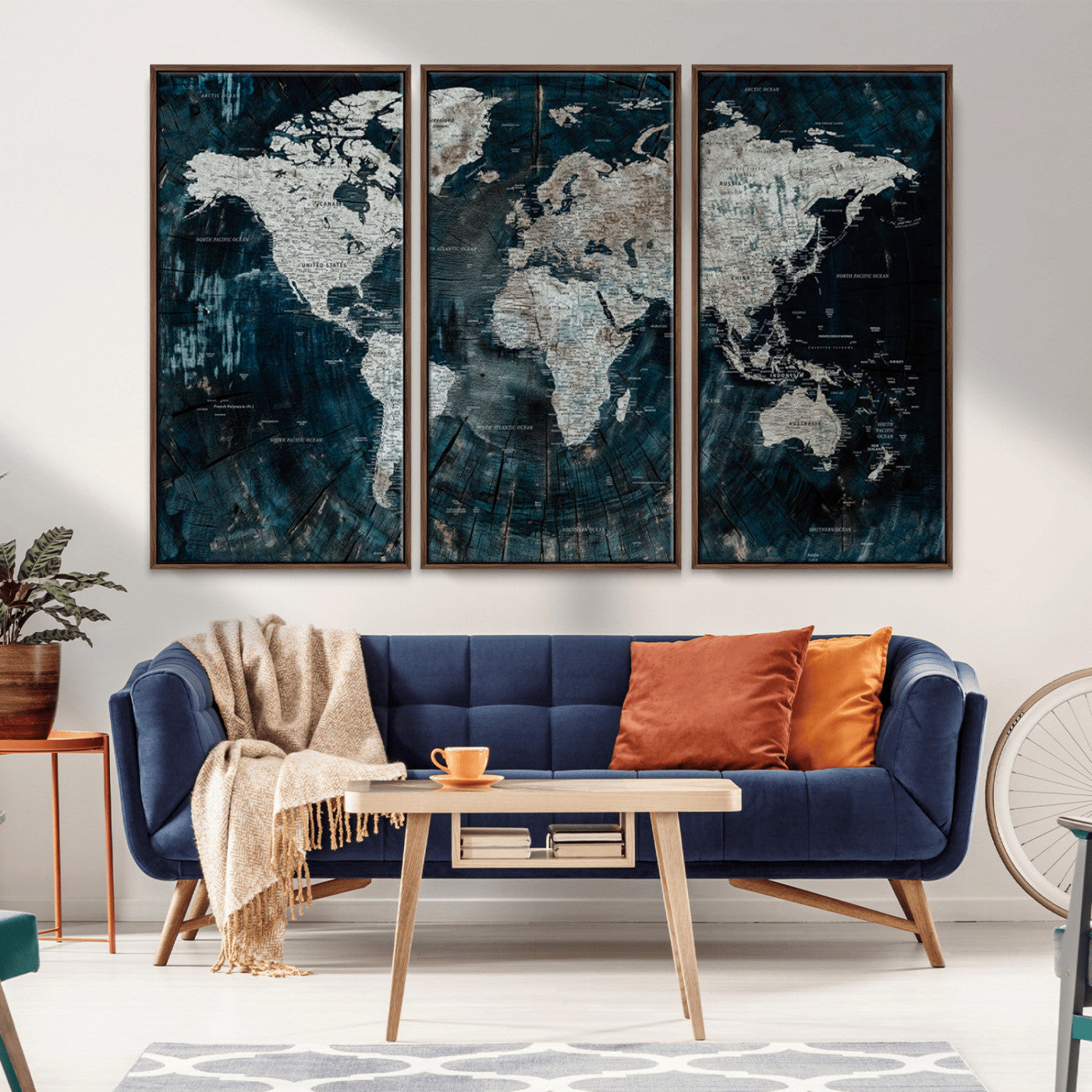 34425609-MGV-CV-36X24-World Map Wall Art – Rustic Navy and Grey Atlas Canvas Print, Distressed Explorer Map Artwork, Industrial Style Decor for Office,