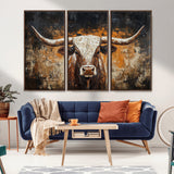 25265572-MGV-CV-36X24-Longhorn Bull Wall Art – Rustic Western Texas Steer Canvas Print, Textured Animal Painting for Home, Office, Man Cave or Farmhouse