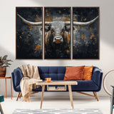 93195031-MGV-CV-36X24-Dark Longhorn Bull Wall Art – Western Steer Canvas Print, Moody Rustic Animal Painting for Man Cave, Ranch House, Office or Modern