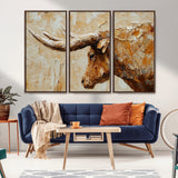 69611428-MGV-CV-36X24-Longhorn Bull Wall Art – Rustic Western Canvas Print, Textured Farmhouse Cattle Painting for Living Room, Office, or Ranch House
