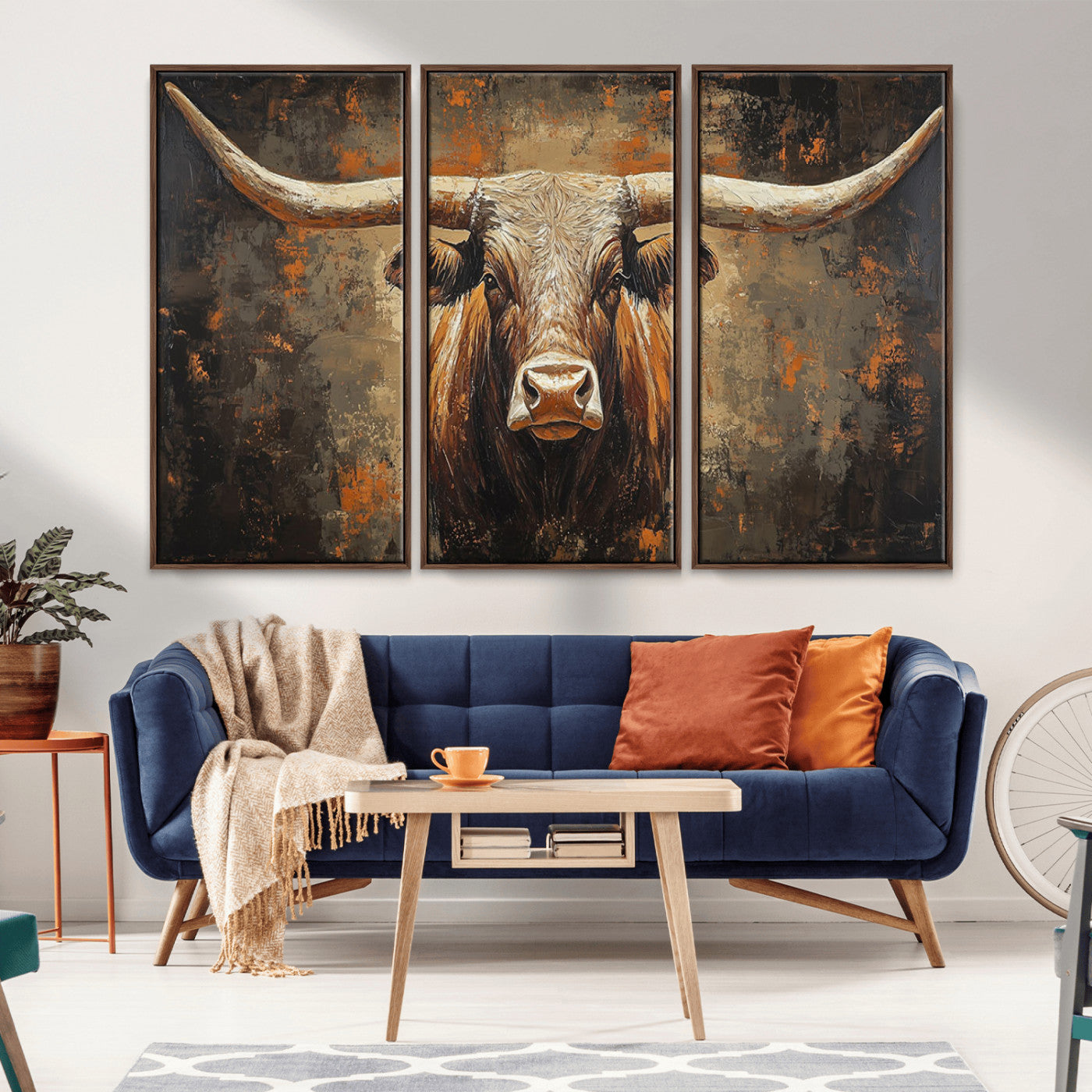 19204445-MGV-CV-36X24-Texas Longhorn Bull Wall Art – Rustic Western Canvas Print, Bold Cowboy Cattle Painting for Ranch House, Farmhouse, Office, or
