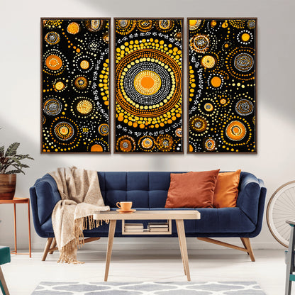 45478523-MGV-CV-36X24-Abstract Circle Wall Art – Bold Black and Gold Dot Painting Canvas Print, Modern Geometric Mandala Style Decor for Living Room or