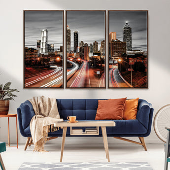 59097239-MGV-CV-36X24-City Skyline Wall Art – Modern Black and White Night Canvas Print with Red Light Trails, Urban Landscape Decor for Living Room or