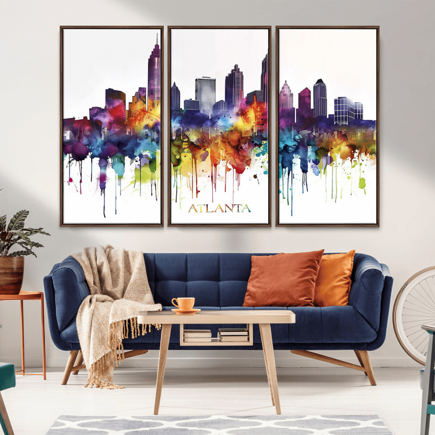 36048320-MGV-CV-36X24-Atlanta Skyline Wall Art – Colorful Watercolor Cityscape Canvas Print with Text, Modern Abstract Urban Decor for Apartment or