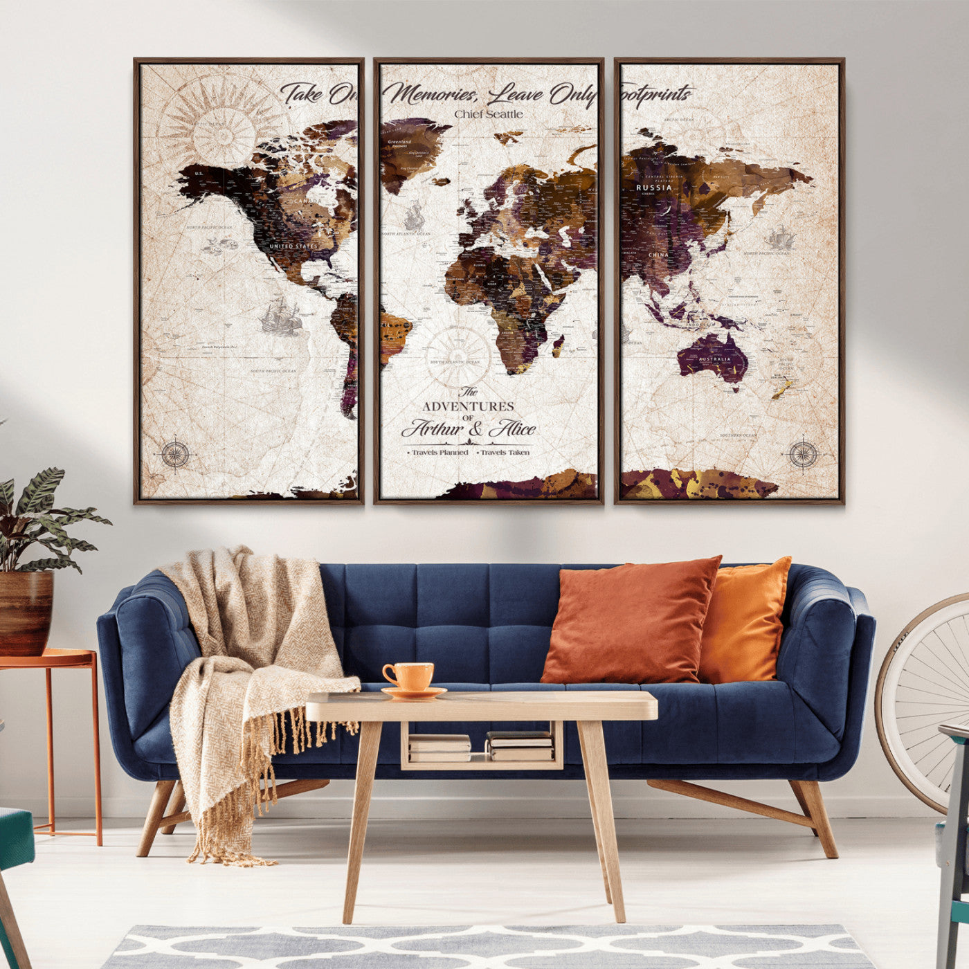 64869039-MGV-CV-36X24-Rustic World Map Wall Art – Vintage Adventure Travel Canvas Print, Earth Tone Decor with Inspirational Quote for Office, Living