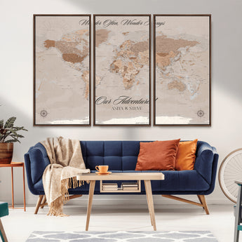 95243244-MGV-CV-36X24-Wander Often Wonder Always World Map Wall Art – Neutral Beige Adventure Canvas Print, Rustic Boho Travel Decor for Bedroom, Living
