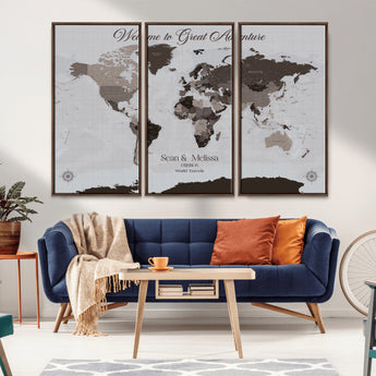43749658-MGV-CV-36X24-Welcome to Great Adventure World Map Wall Art – Charcoal Gray Canvas Print, Rustic Travel Decor for Living Room, Study, Office or
