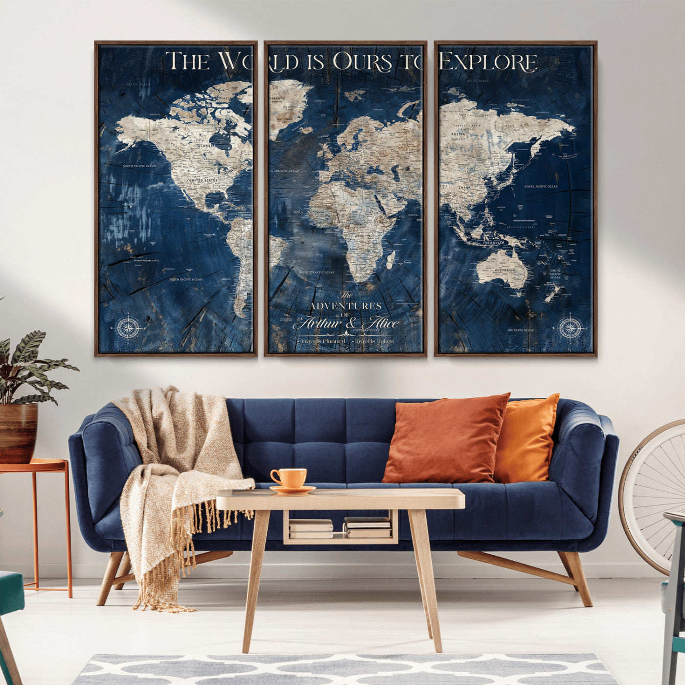 69367250-MGV-CV-36X24-The World is Ours to Explore Blue Rustic World Map Wall Art – Navy Antique Canvas Print, Adventure Travel Decor for Living Room,