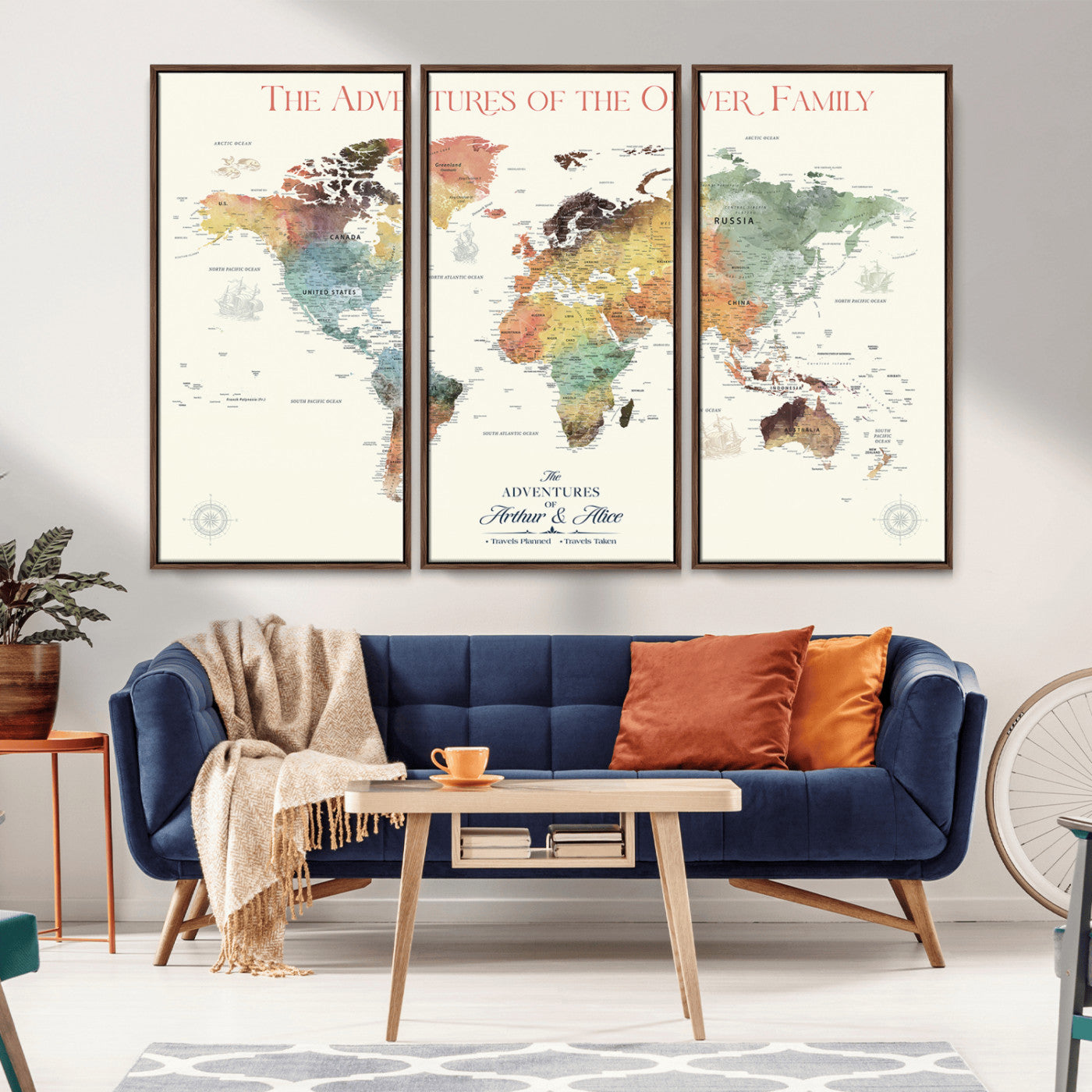 81112187-MGV-CV-36X24-Colorful Watercolor World Map Wall Art – Adventure Travel Canvas Print, Vintage Explorer Map Decor for Living Room, Study, Office,
