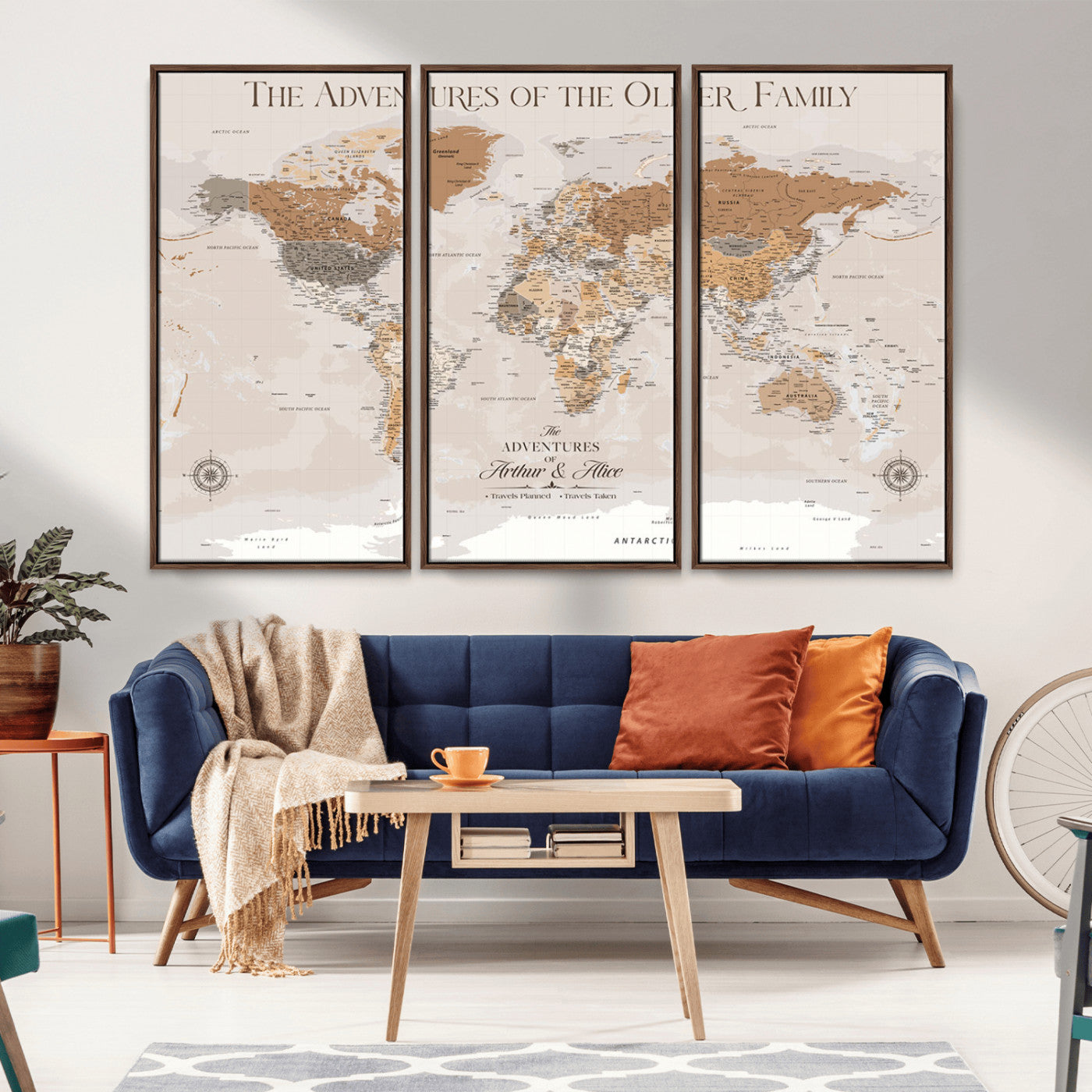 26237940-MGV-CV-36X24-Neutral Earth Tone World Map Wall Art – Modern Travel Adventure Canvas Print, Warm Beige Explorer Map Artwork, Minimalist