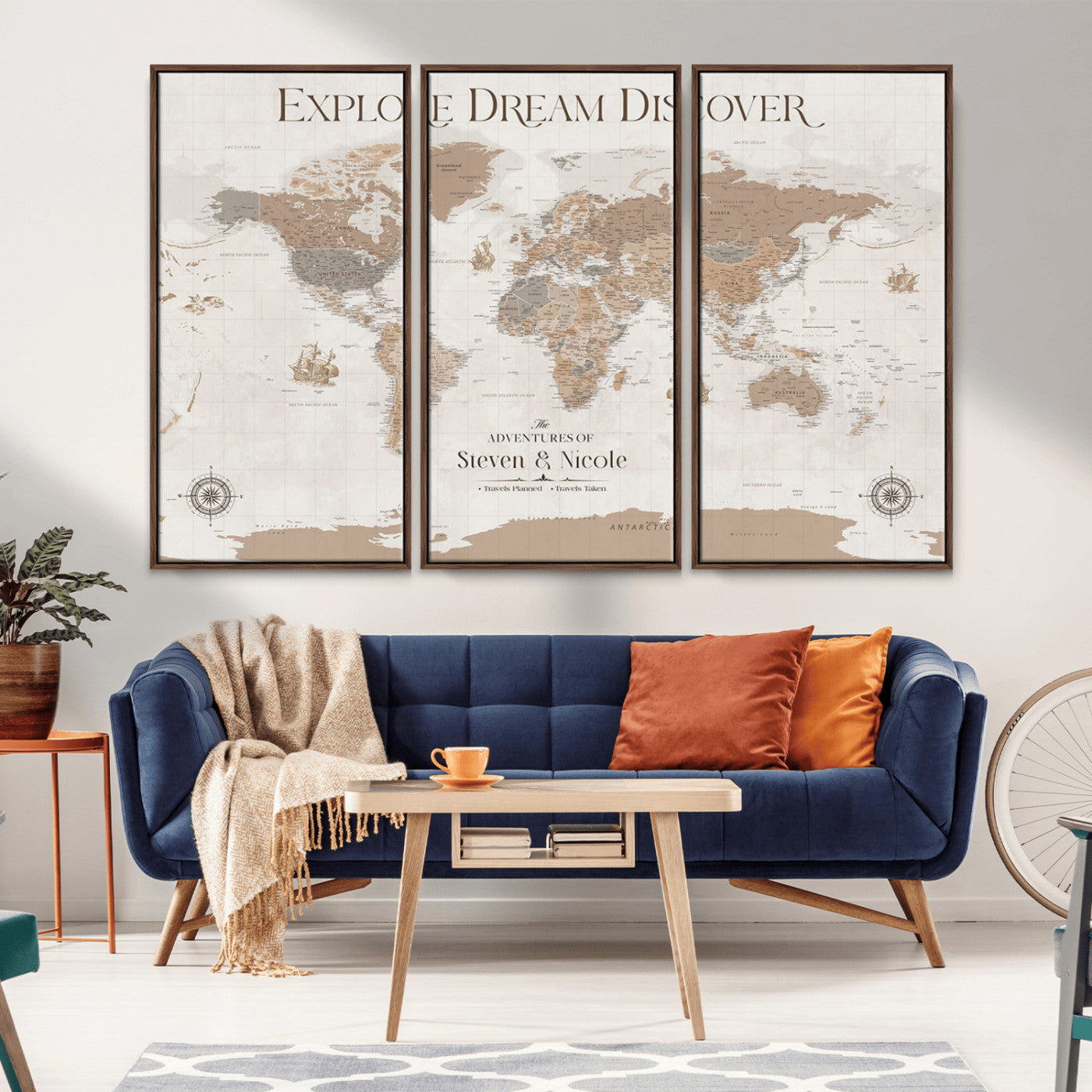 63516865-MGV-CV-36X24-Explore Dream Discover World Map Wall Art – Inspirational Travel Adventure Canvas Print, Neutral Parchment Style Explorer Decor