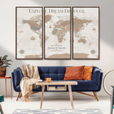 63516865-MGV-CV-36X24-Explore Dream Discover World Map Wall Art – Inspirational Travel Adventure Canvas Print, Neutral Parchment Style Explorer Decor