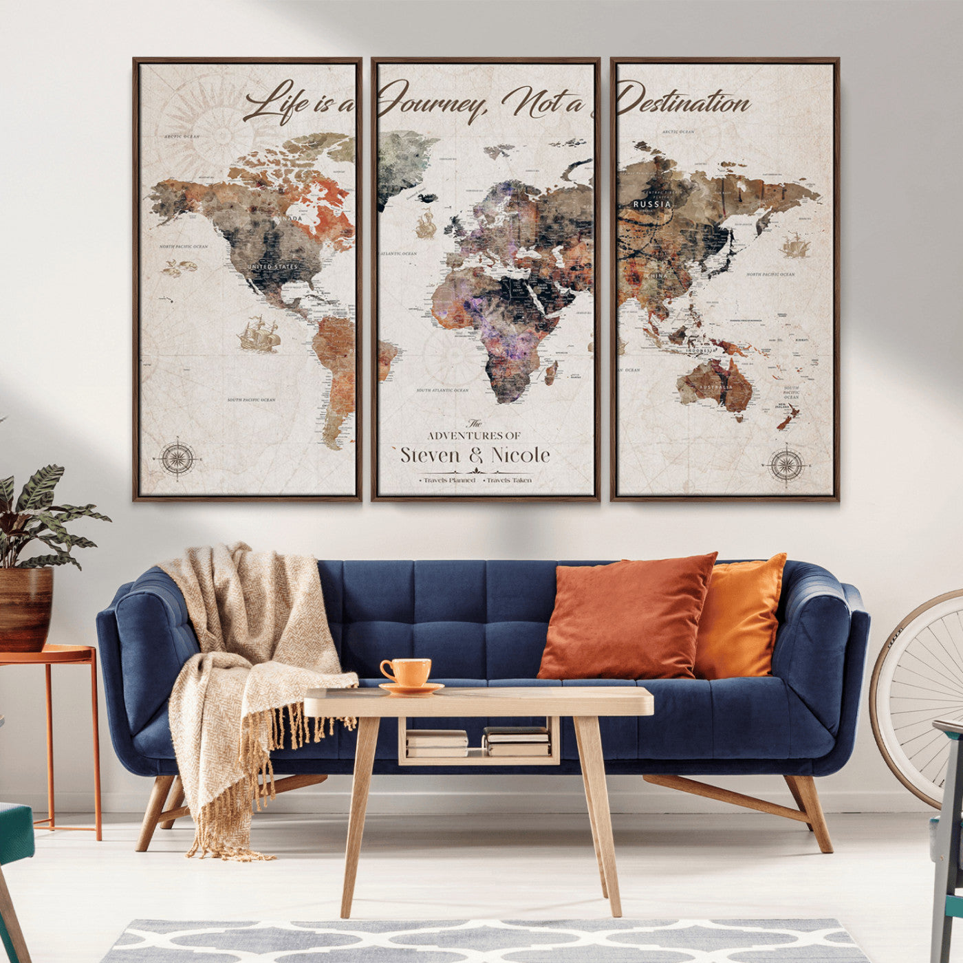 47737072-MGV-CV-36X24-Life is a Journey Not a Destination World Map Wall Art – Vintage Travel Adventure Canvas Print, Rustic Inspirational Decor for
