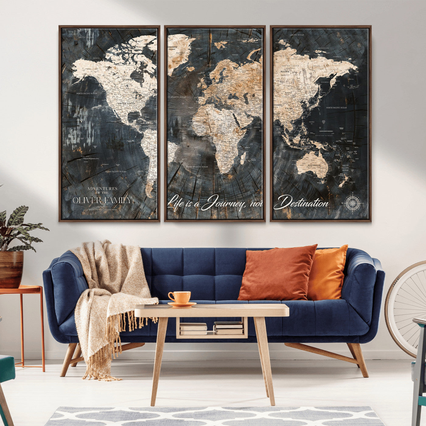 37848568-MGV-CV-36X24-Life is a Journey Not a Destination World Map Rustic Wood Texture Vintage Beige Navy Adventure Wall Art Canvas Print for Home