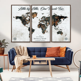 88337180-MGV-CV-36X24-Little by Little One Travels Far Tolkien Quote World Map Rustic Black Brown Adventure Wall Art Canvas Print for Home Office Living