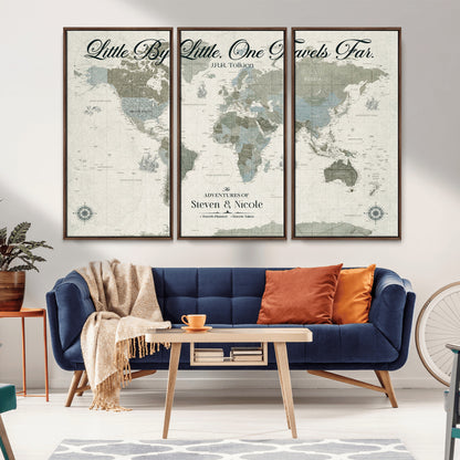 10693204-MGV-CV-36X24-Little By Little One Travels Far Tolkien Quote Blue Green World Map Adventure Wall Art Canvas Print Rustic Wanderlust Travel Decor