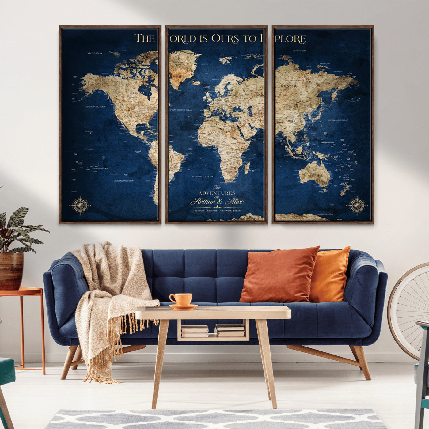 54782997-MGV-CV-36X24-The World is Ours to Explore Wall Art – Blue World Map Canvas Print, Adventure Travel Decor for Home, Office or Living Room,
