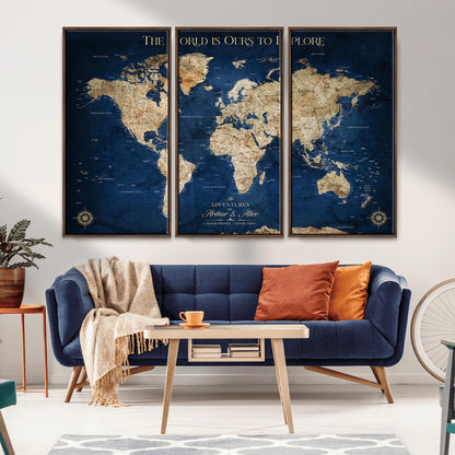 54782997-MGV-CV-36X24-The World is Ours to Explore Wall Art – Blue World Map Canvas Print, Adventure Travel Decor for Home, Office or Living Room,