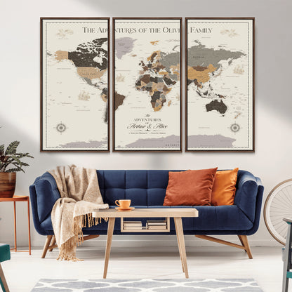 38723540-MGV-CV-36X24-Adventures of the Oliver Family Wall Art – Earth Tone World Map Canvas Print, Minimalist Travel Decor for Living Room, Bedroom or