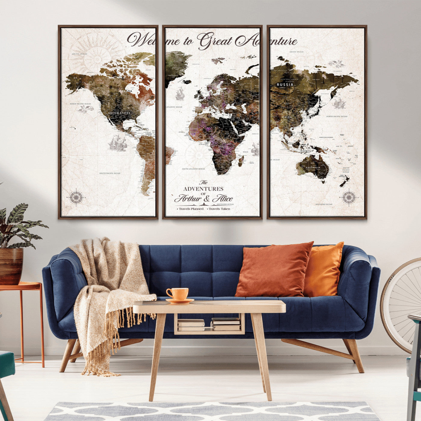 94024299-MGV-CV-36X24-Welcome to Great Adventure Wall Art – Vintage World Map Canvas Print, Rustic Travel Decor for Living Room, Office or Bedroom