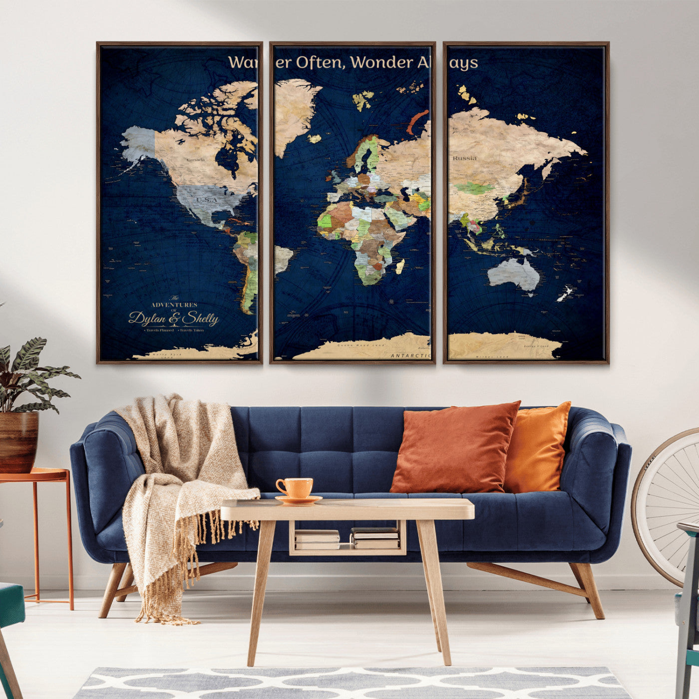 12399561-MGV-CV-36X24-World Map Wall Art – Wander Often Wonder Always Canvas Print, Vintage Travel Inspired Push Pin Map Decor for Living Room, Office,