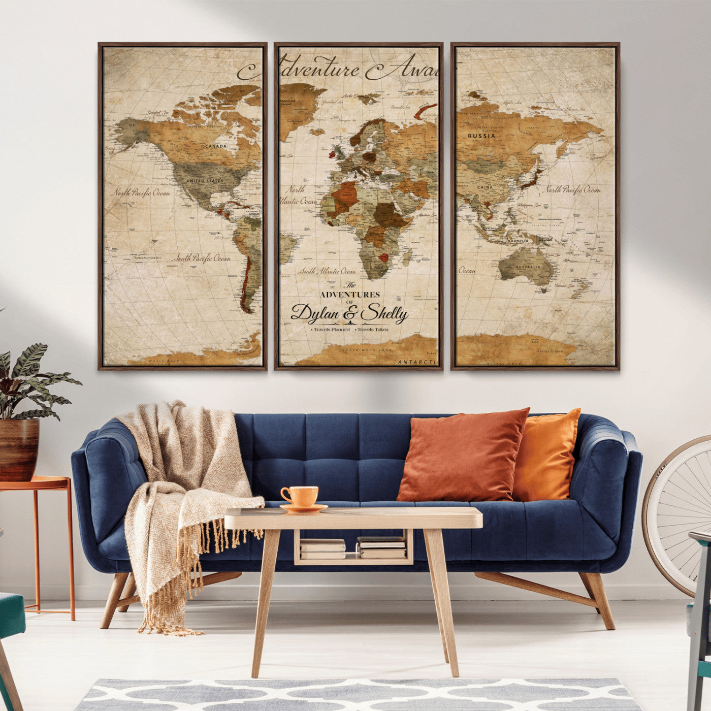 20810820-MGV-CV-36X24-World Map Wall Art – Adventure Awaits Vintage Travel Canvas Print, Rustic Push Pin Map Decor for Living Room, Office, Bedroom
