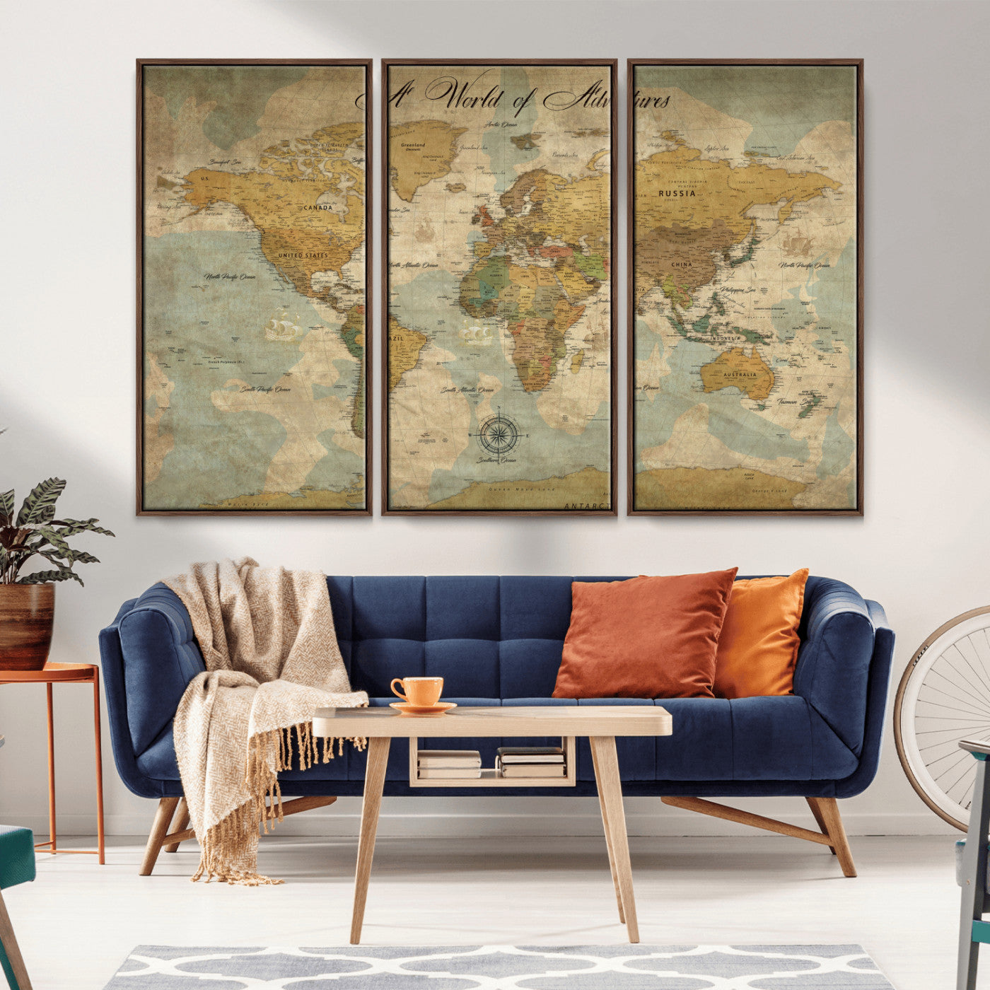 75690627-MGV-CV-36X24-World Map Wall Art – A World of Adventures Vintage Travel Canvas Print, Antique Push Pin Map Décor for Living Room, Office,