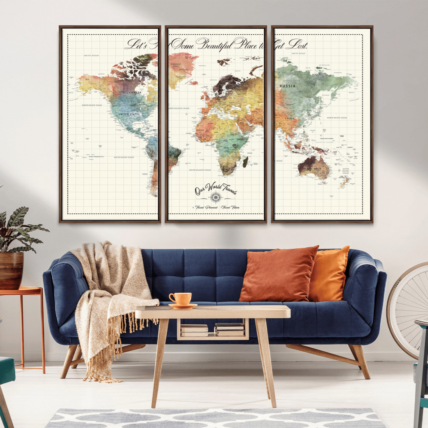 29289638-MGV-CV-36X24-World Map Wall Art – Watercolor Travel Push Pin Canvas Print, Adventure Quote Map Décor for Living Room, Office, Classroom,