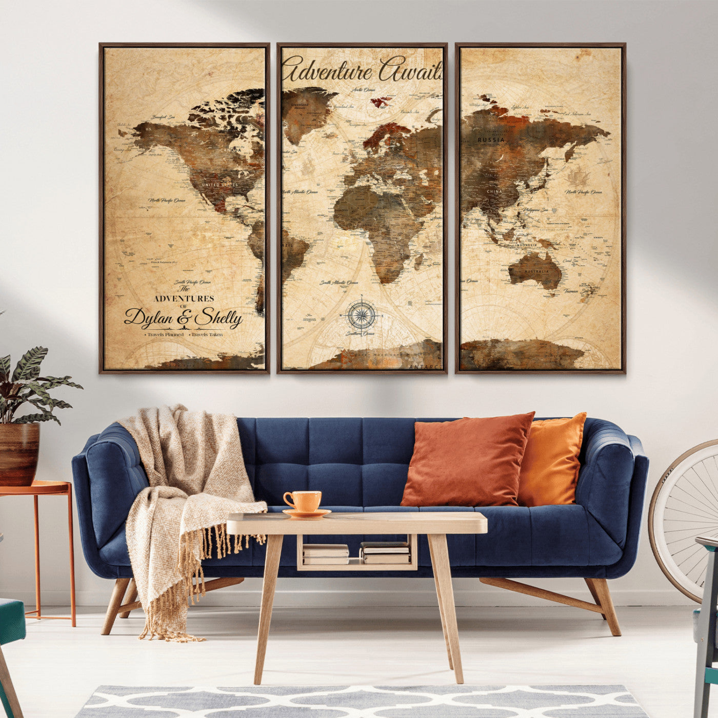 66357947-MGV-CV-36X24-Rustic World Map Wall Art – Adventure Awaits Vintage Push Pin Canvas Print, Antique Brown Travel Map Décor for Living Room,