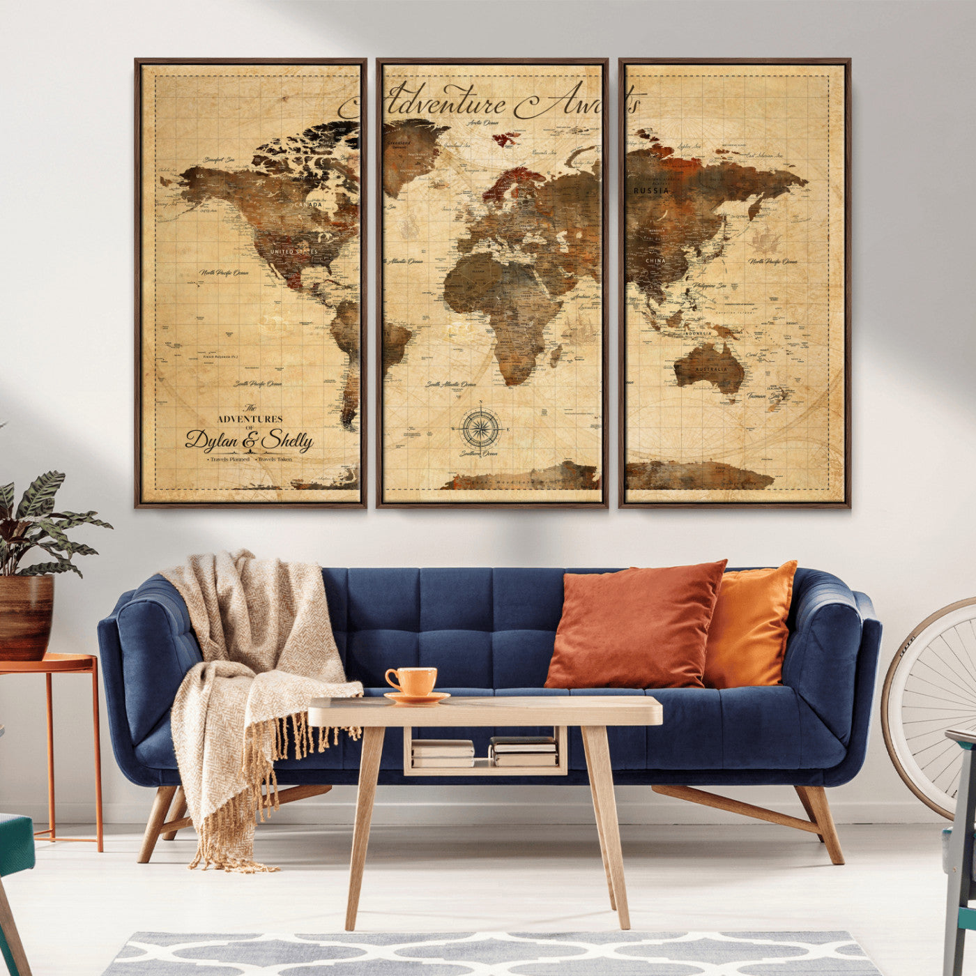57497711-MGV-CV-36X24-Adventure Awaits World Map Wall Art – Rustic Vintage Travel Push Pin Canvas Print, Wanderlust Decor for Living Room, Office,