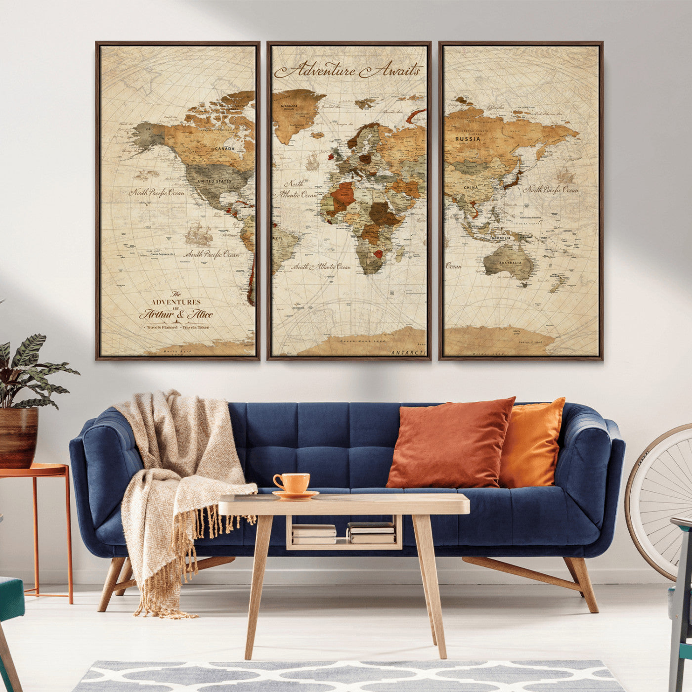 15754902-MGV-CV-36X24-Adventure Awaits World Map Wall Art – Vintage Sepia Canvas Print, Rustic Travel Themed Map Decoration for Living Room, Office,