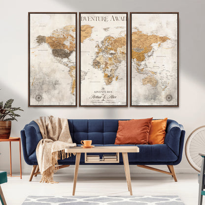 99422096-MGV-CV-36X24-Adventure Awaits World Map Wall Art – Neutral Beige Canvas Print, Modern Travel Inspired Wall Decor for Living Room, Bedroom or
