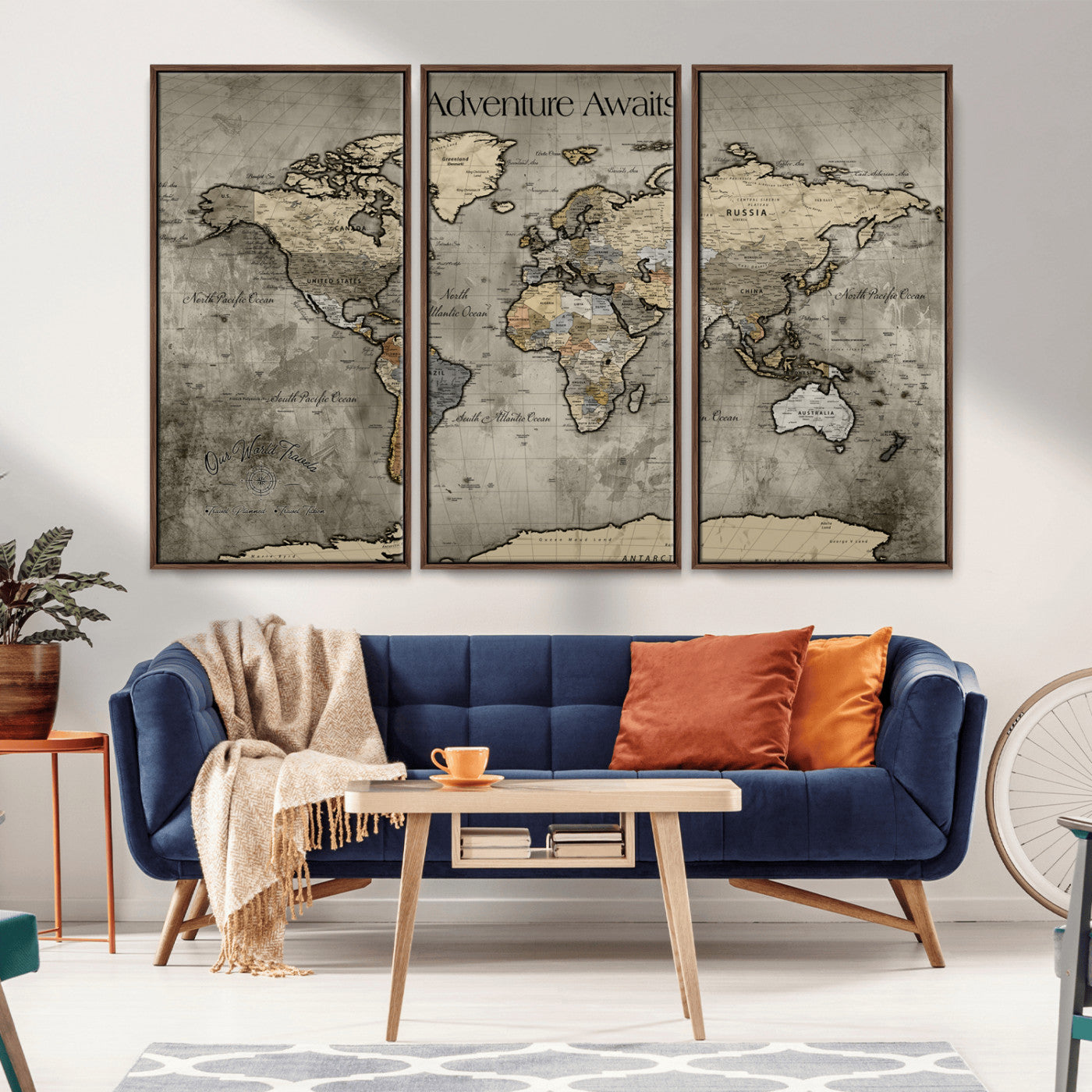 60740187-MGV-CV-36X24-Adventure Awaits Dark Vintage World Map – Rustic Travel Canvas Wall Art, Antique Style Atlas Print, Wanderlust Decor for Home
