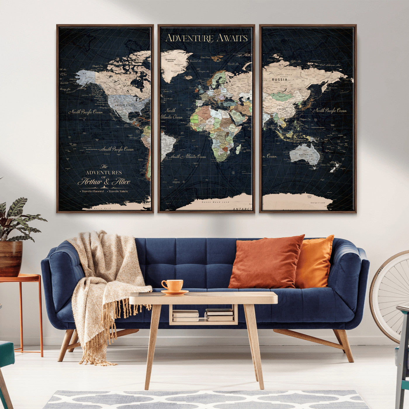 75640245-MGV-CV-36X24-Adventure Awaits Black Navy World Map – Elegant Travel Canvas Wall Art, Vintage Atlas Print, Wanderlust Decor for Living Room
