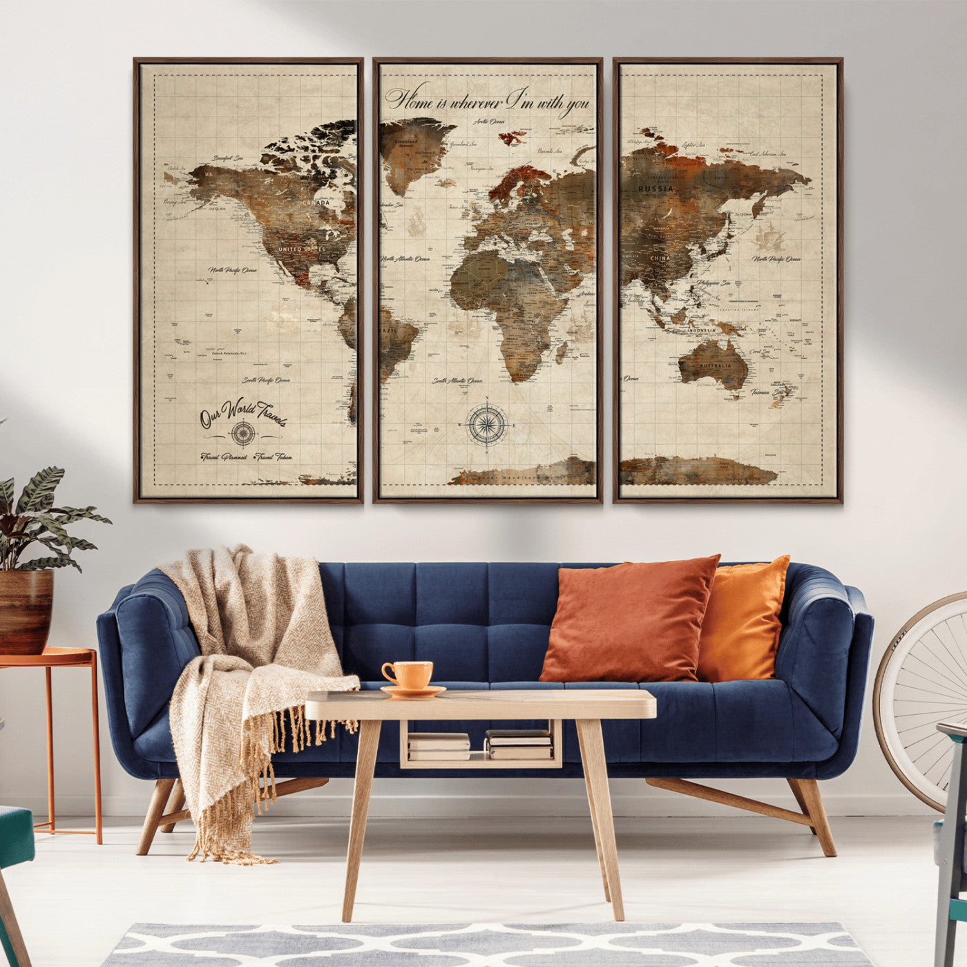 96366078-MGV-CV-36X24-Home Wherever With You Rustic World Map – Vintage Travel Canvas Wall Art, Antique Atlas Print, Romantic Wanderlust Decor for