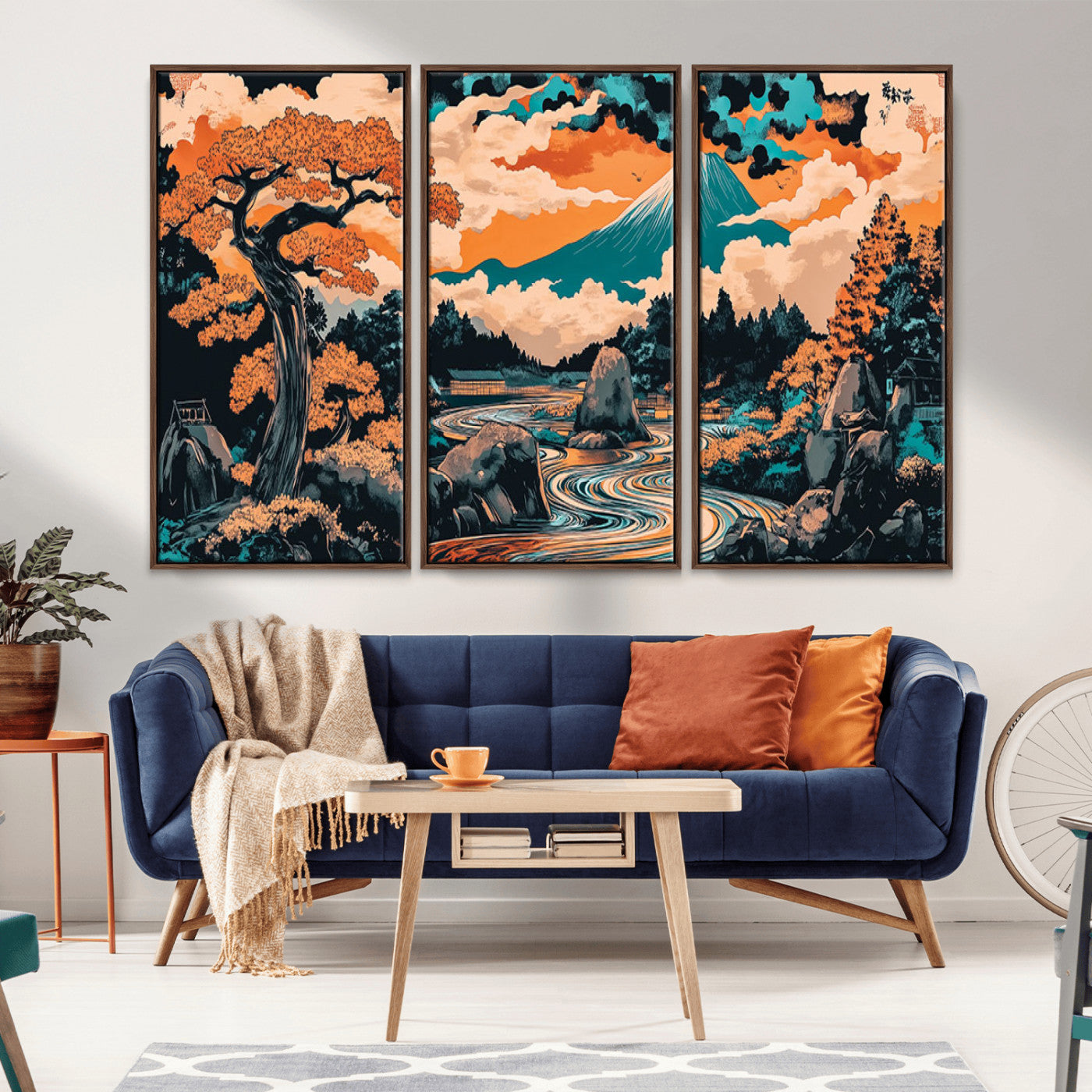21638941-MGV-CV-36X24-Japanese Landscape Wall Art – Mount Fuji and Flowing River Ukiyo-e Style Canvas Print, Traditional Japan Inspired Artwork for
