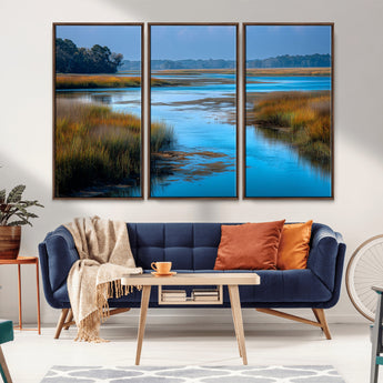 26300004-MGV-CV-36X24-Marshland Landscape Wall Art – Scenic Nature Canvas Print with Golden Grass and Blue Water, Peaceful River Photography for Living