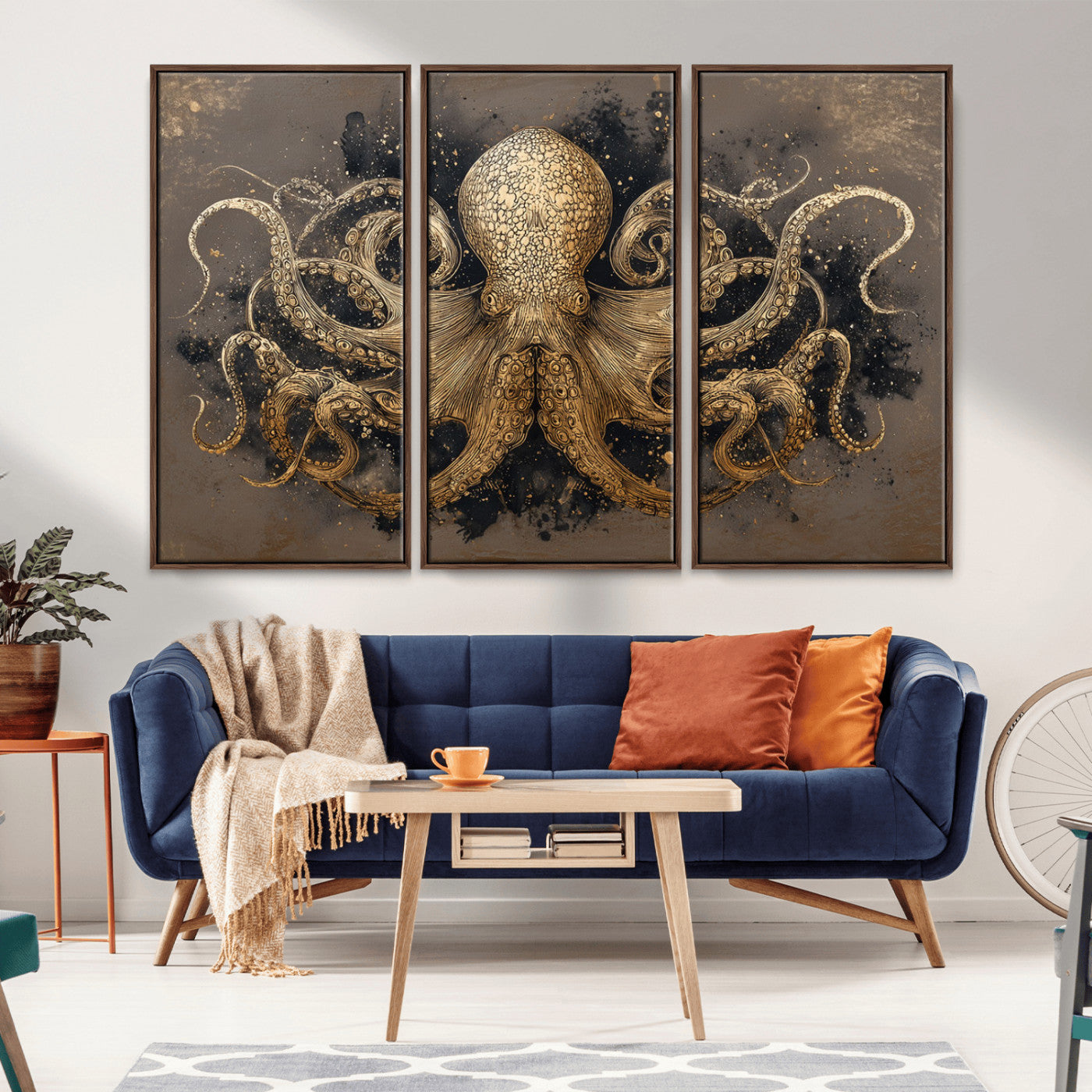 21717515-MGV-CV-36X24-Octopus Wall Art – Vintage Gold Nautical Canvas Print, Detailed Marine Creature Artwork with Dark Background, Coastal Ocean Decor
