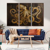 56769669-MGV-CV-36X24-Octopus Wall Art – Gold Nautical Canvas Print with Rustic Wood Panel Design, Detailed Marine Artwork for Coastal Ocean Decoration