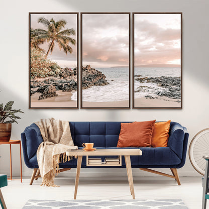 18005328-MGV-CV-36X24-Tropical Beach Wall Art – Coastal Ocean Canvas Print with Palm Tree, Sunset Sky and Rocky Shore, Serene Seascape Photography for