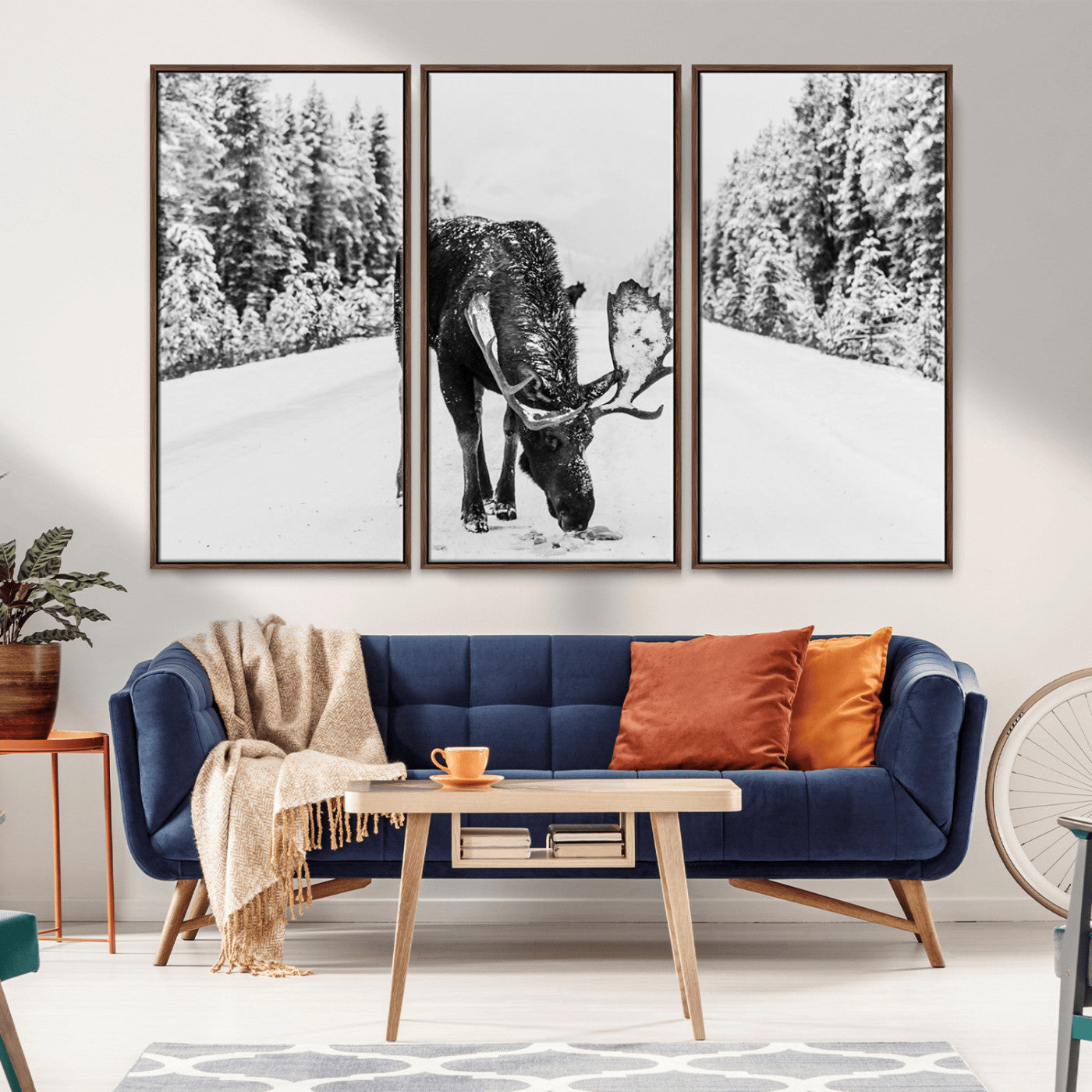 38956835-MGV-FC-48X32-3P_Walnut-Moose Winter Snowy Forest Canvas Wall Art – Wildlife Nature, Antlers in Frozen Landscape, Quiet Path, Cold Season Outdoors Print
