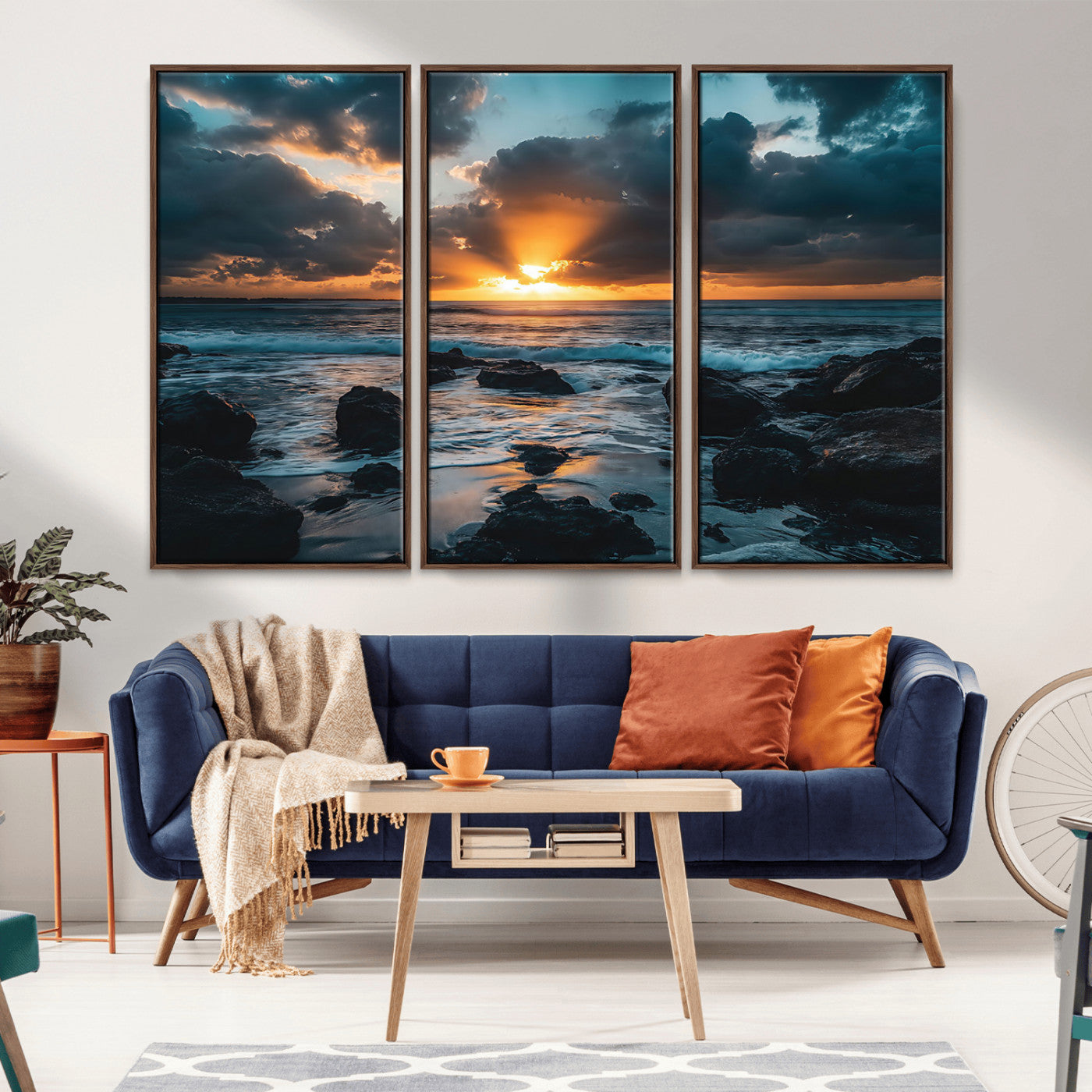 66040852-MGV-FC-48X32-3P_Walnut-Ocean Sunset Canvas Wall Art – Rocky Shore Waves, Dramatic Clouds, Golden Sun Rays, Coastal Nature, Serene Water Reflection for