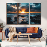 66040852-MGV-FC-48X32-3P_Walnut-Ocean Sunset Canvas Wall Art – Rocky Shore Waves, Dramatic Clouds, Golden Sun Rays, Coastal Nature, Serene Water Reflection for
