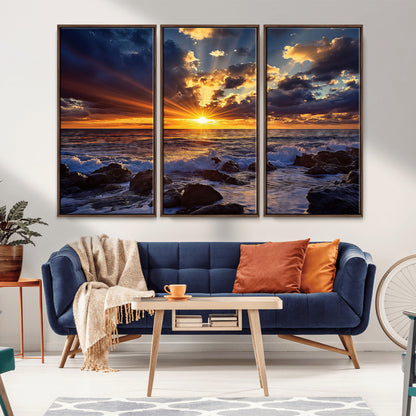 35900590-MGV-FC-48X32-3P_Walnut-Sunset Ocean Waves Canvas Wall Art – Rocky Shore, Dramatic Sky, Golden Sun Rays, Coastal Beauty, Serene Water Motion for Living