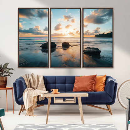 23879436-MGV-FC-48X32-3P_Walnut-Rocky Ocean Sunset Canvas Wall Art – Seaside Dramatic Seascape, Ocean Sunset Art Print for Coastal Modern Decor for Nature