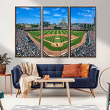 35800083-MGV-FC-48X32-3P_Walnut-Wrigley Field Baseball Stadium Canvas Wall Art – Packed Crowd Sports Stadium Print, City Skyline Baseball Field Canvas for Game
